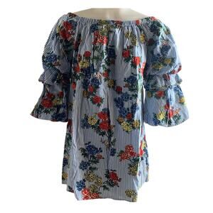 Obsessive Love Womens Medium Off Shoulder Blue Stripe Floral Tiered Sleeve Dress
